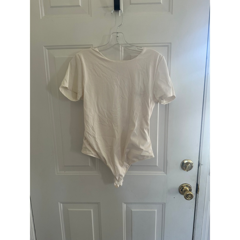House of Harlow 1960 Womens Ribbed Short Sleeve Bodysuit Ivory Large